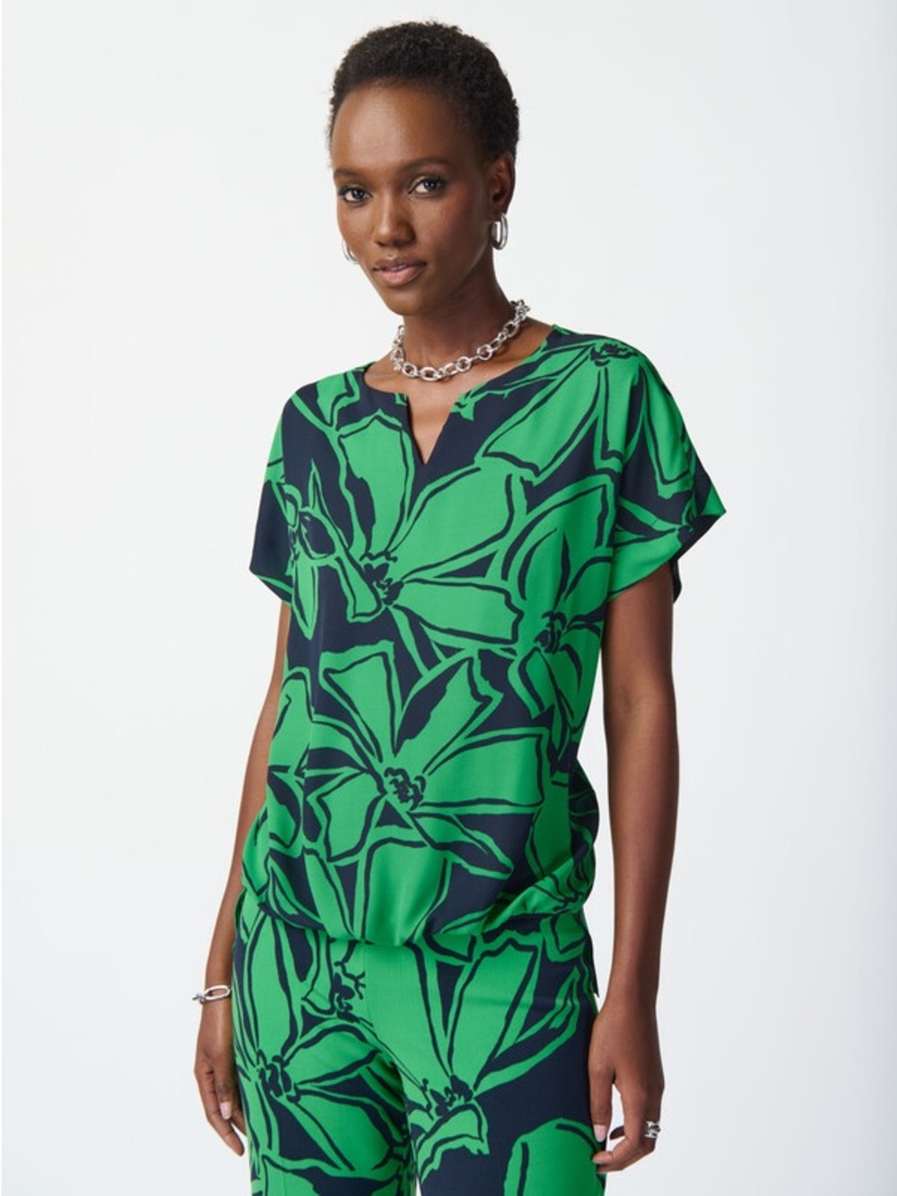 Joseph Ribkoff Green and Navy Floral Split-Neck Blouse
